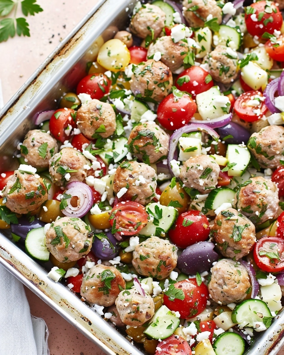 Midweek Greek Salad and Meatball Traybake