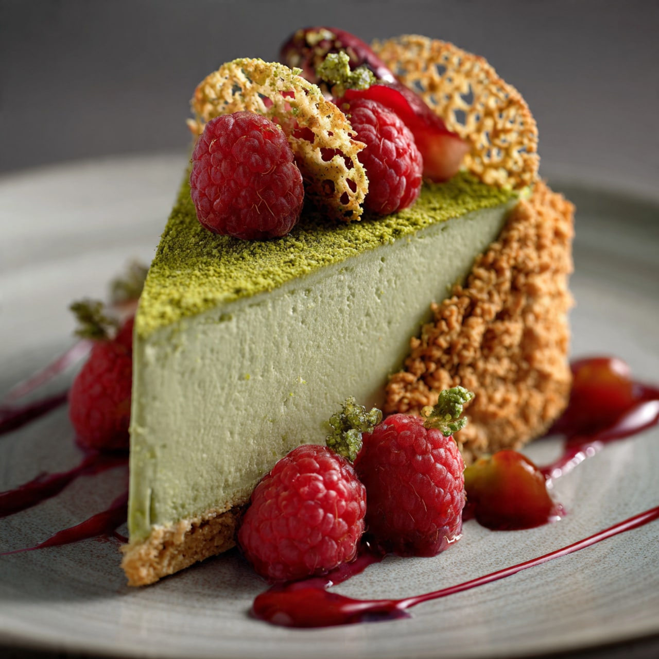 Pistachio and Raspberry Crunchy Mousse Cake