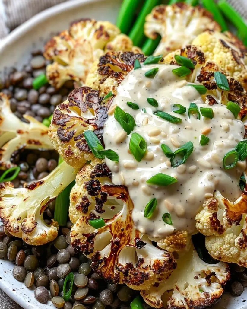 Roasted Tahini Cauliflower Steak with Lentils