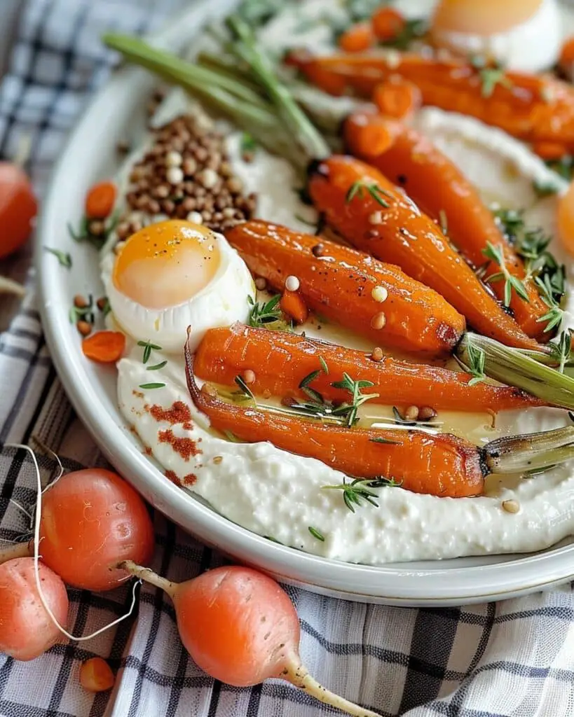 Rose Harissa Roasted Carrots over Hummus