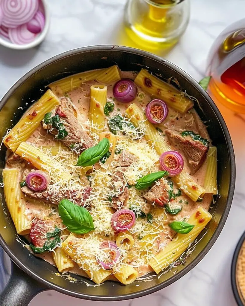 Slow-Simmered Beef Rigatoni in Lush Basil-Parmesan Cream