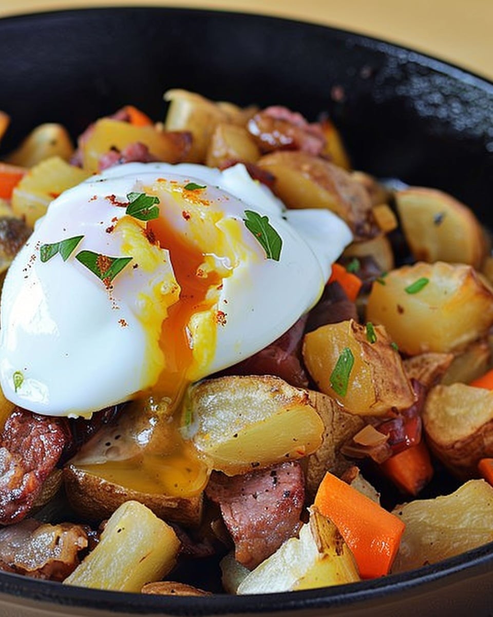 Corned Beef and Root Vegetable Hash with Poached Eggs
