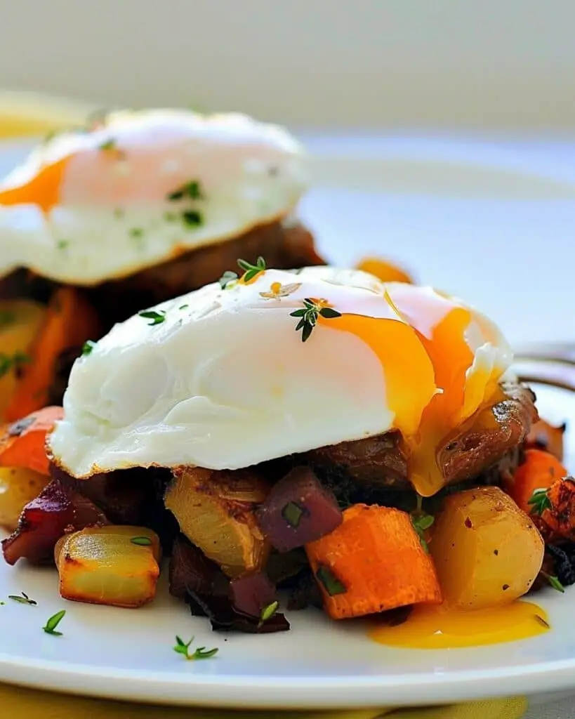 Corned Beef and Root Vegetable Hash with Poached Eggs