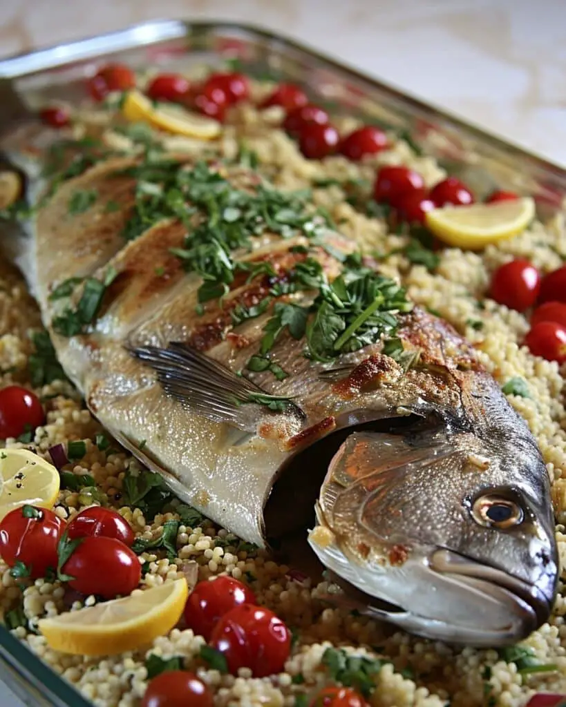 Easy Ouzo Mediterranean Sea Bass with Bulgur and Tomato