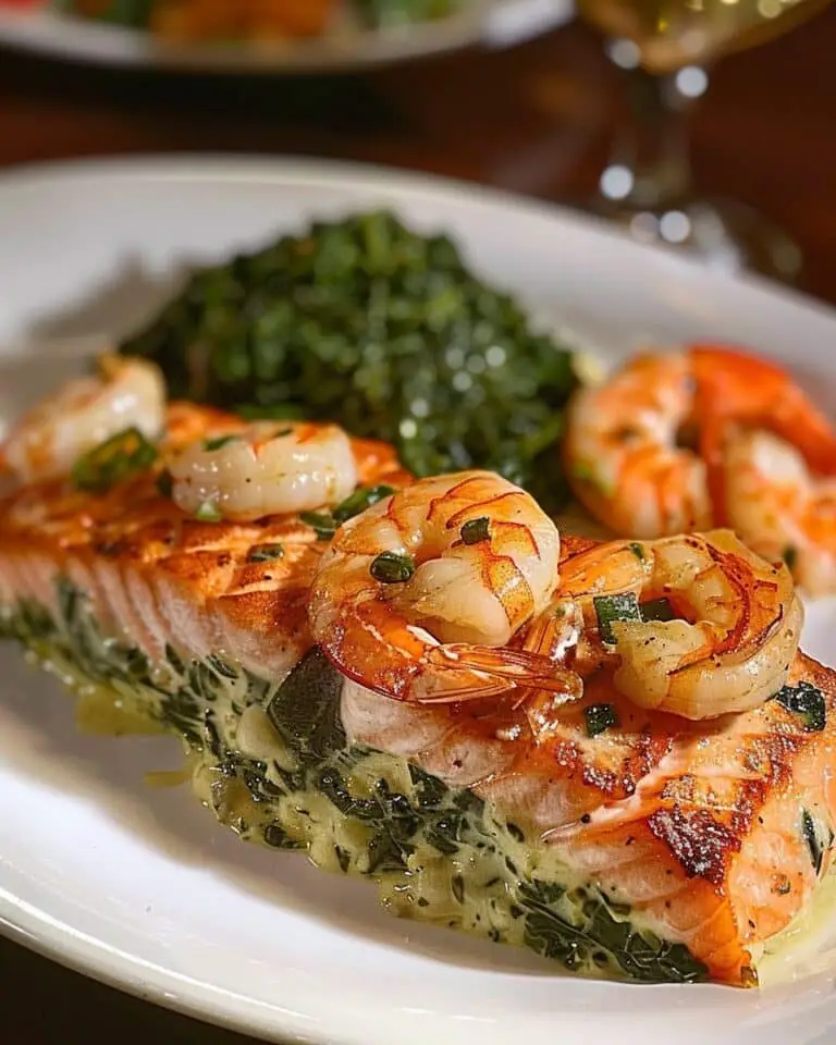 Creamed Spinach-Stuffed Salmon with Garlic Shrimp