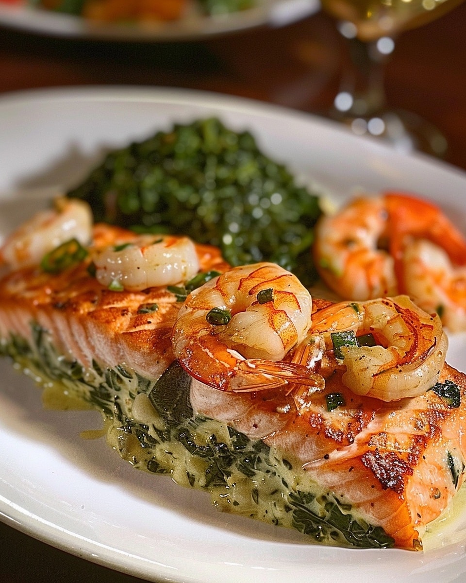 Creamed Spinach-Stuffed Salmon with Garlic Shrimp