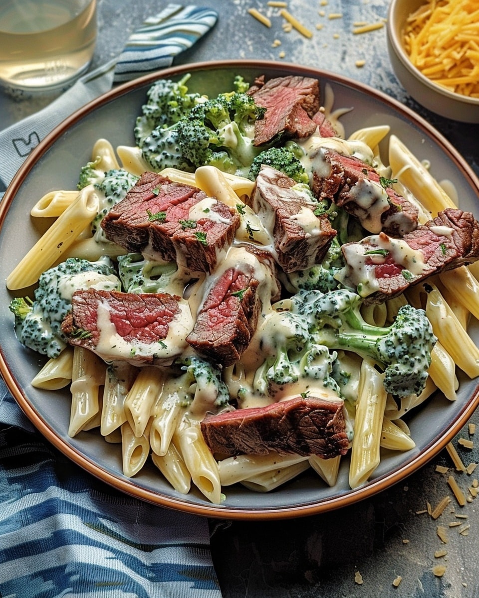 Creamy Steak Bites Penne with Broccoli & Cheddar Alfredo