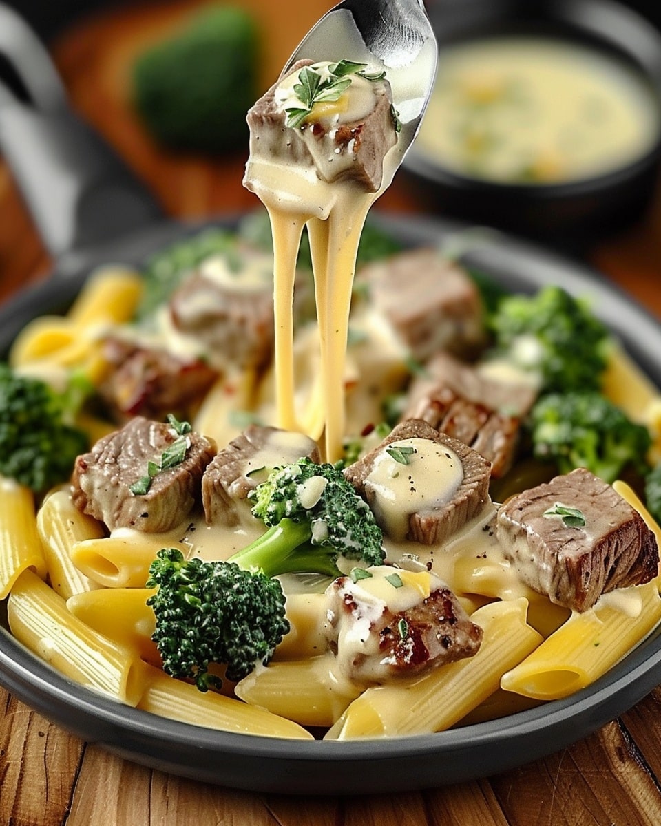 Creamy Steak Bites Penne with Broccoli & Cheddar Alfredo
