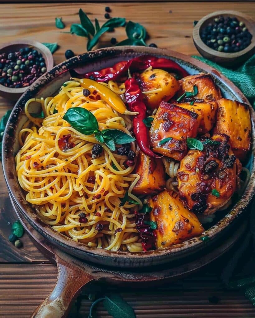 Curry Chicken Plate with Yams & Creamy Pasta