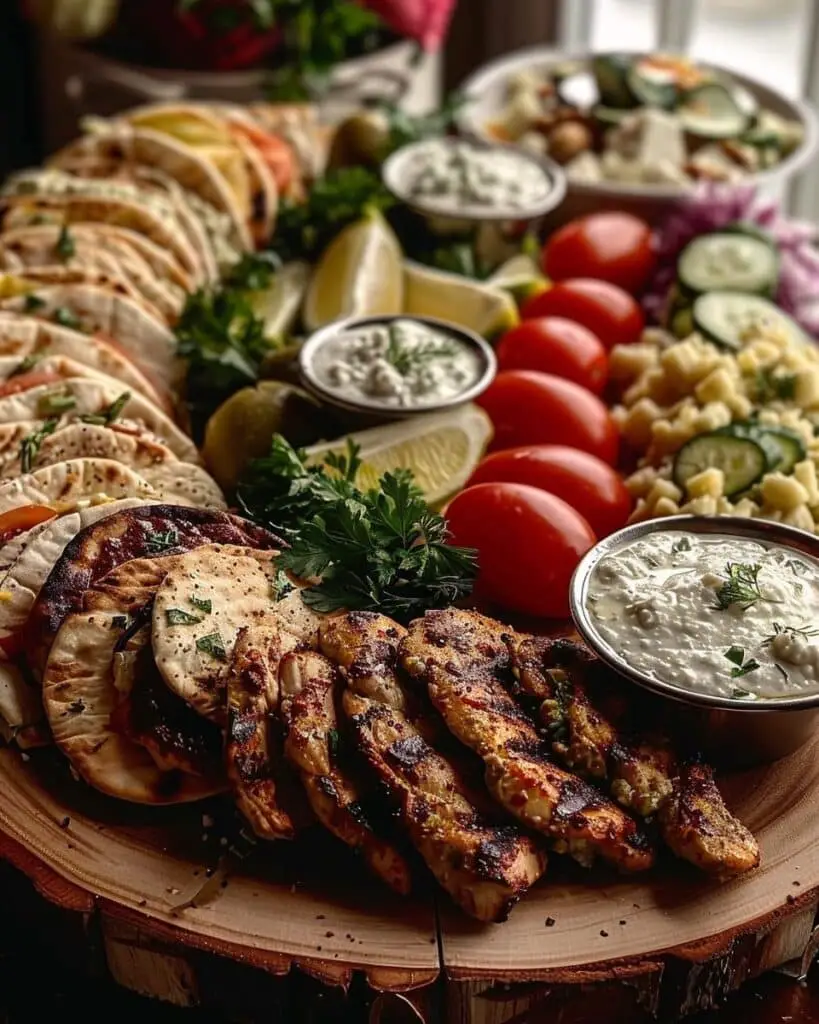Greek Grilled Chicken Gyro Grazing Board with Feta Dip