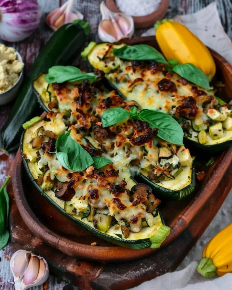 Keto Spinach Mushroom and Ricotta Stuffed Zucchini Boats