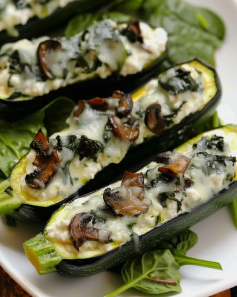 Keto Spinach Mushroom and Ricotta Stuffed Zucchini Boats
