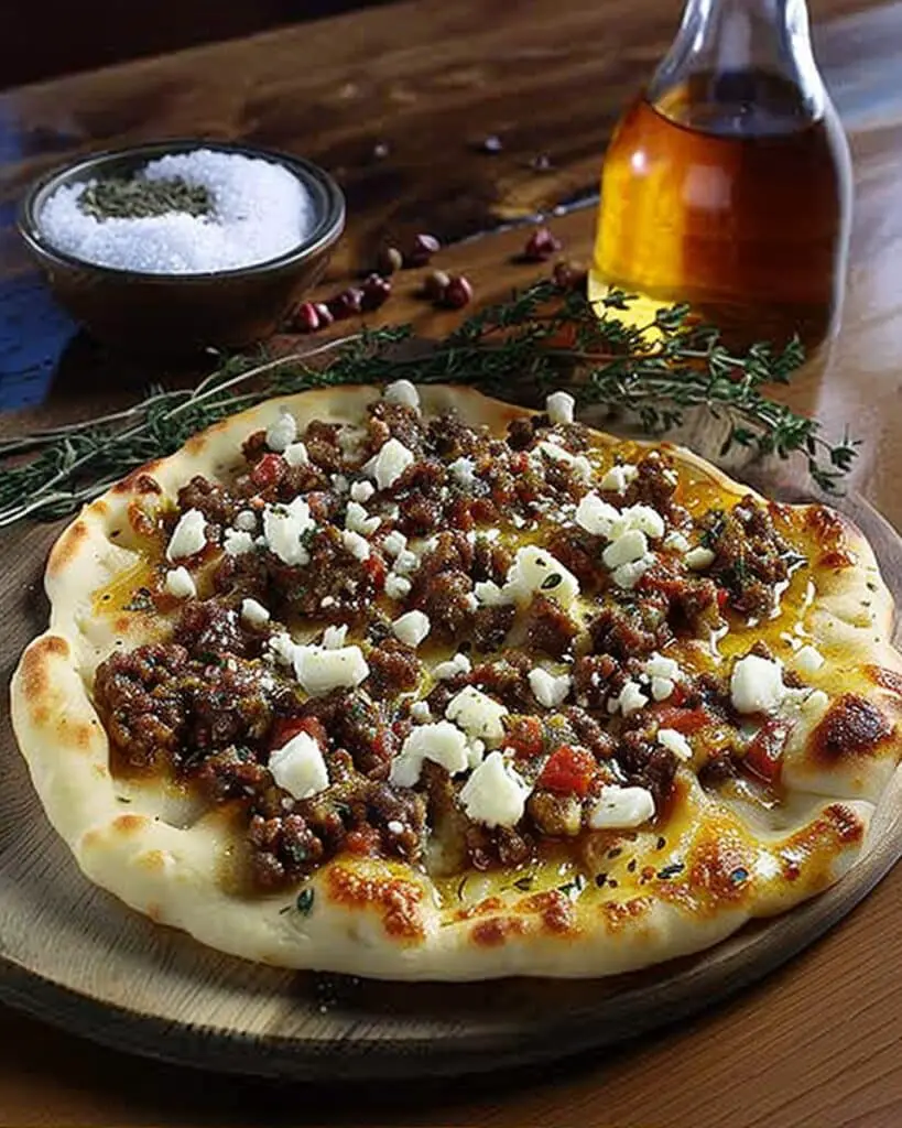 Mediterranean Ground Beef Flatbread with Creamy Hot Honey Feta Sauce