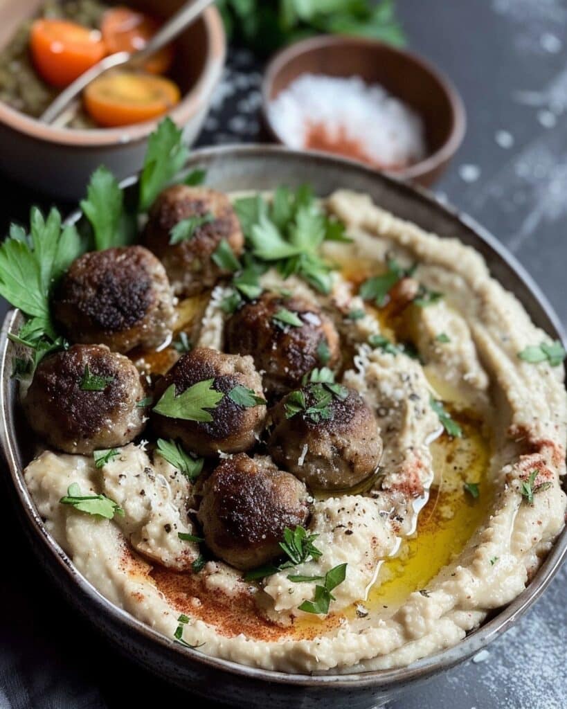 Mediterranean Hummus Bowl with Lamb or Beef Meatballs