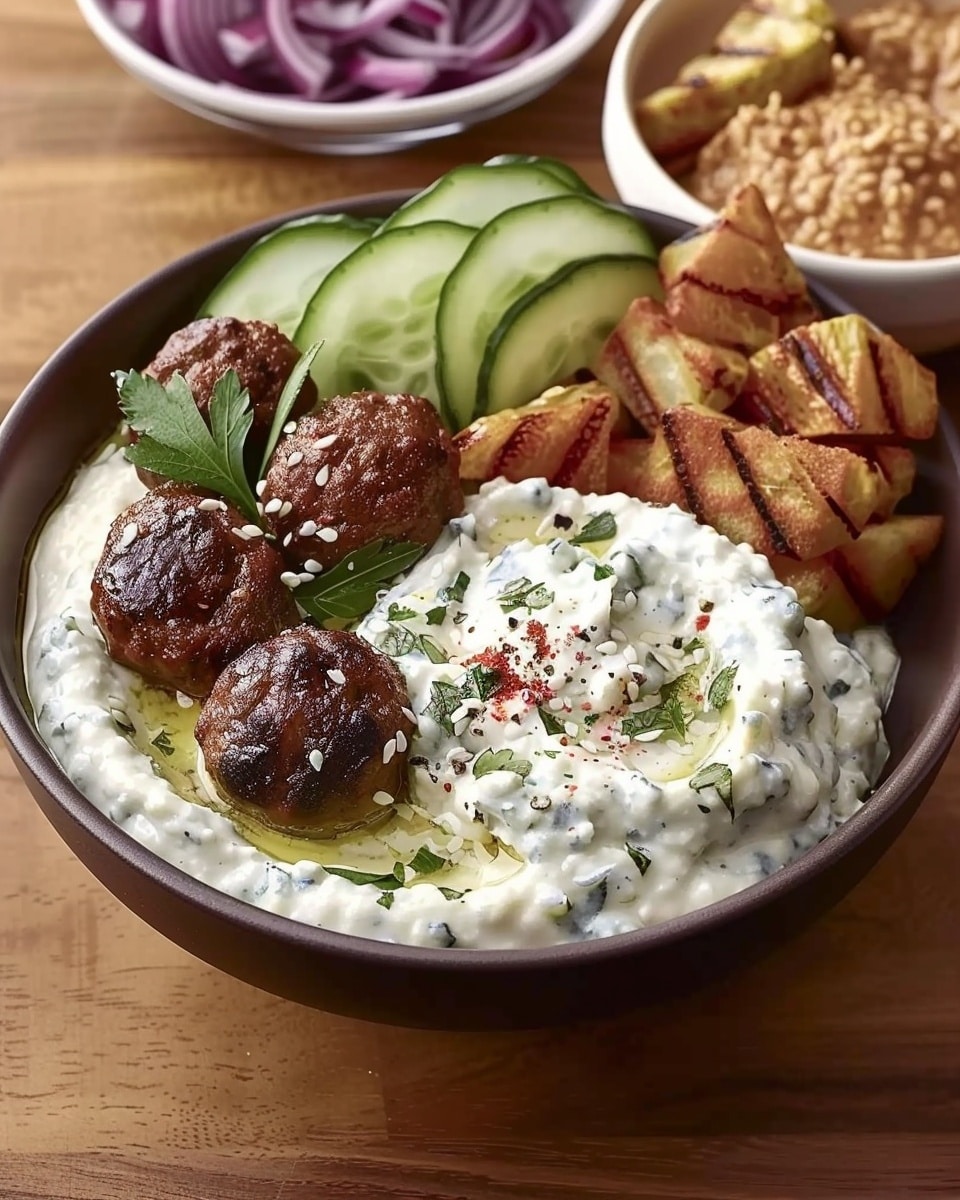 Mediterranean Hummus Bowl with Lamb or Beef Meatballs