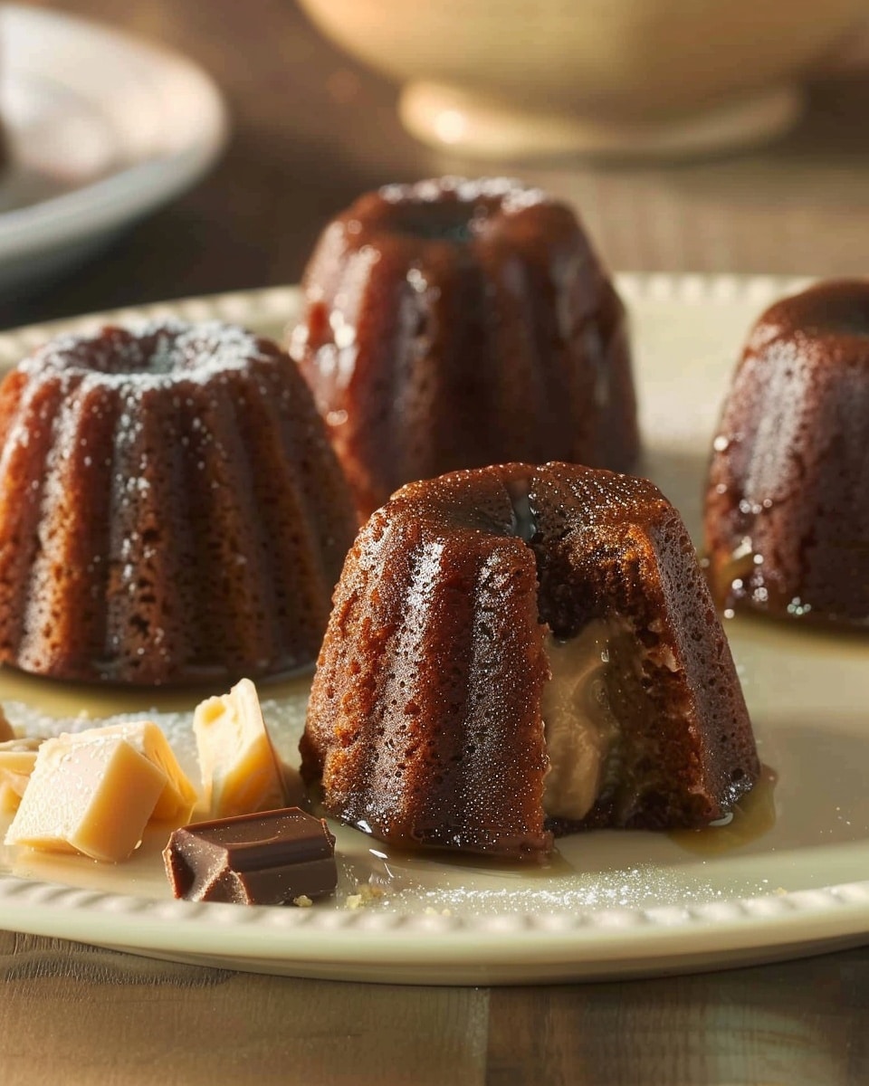 Mini Chocolate Bundt Cakes with Vanilla Cream and Warm Chocolate Sauce