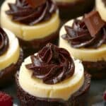 Mini Vanilla Cheesecakes with Fudgy Brownie Bases and Chocolate Marble Swirl