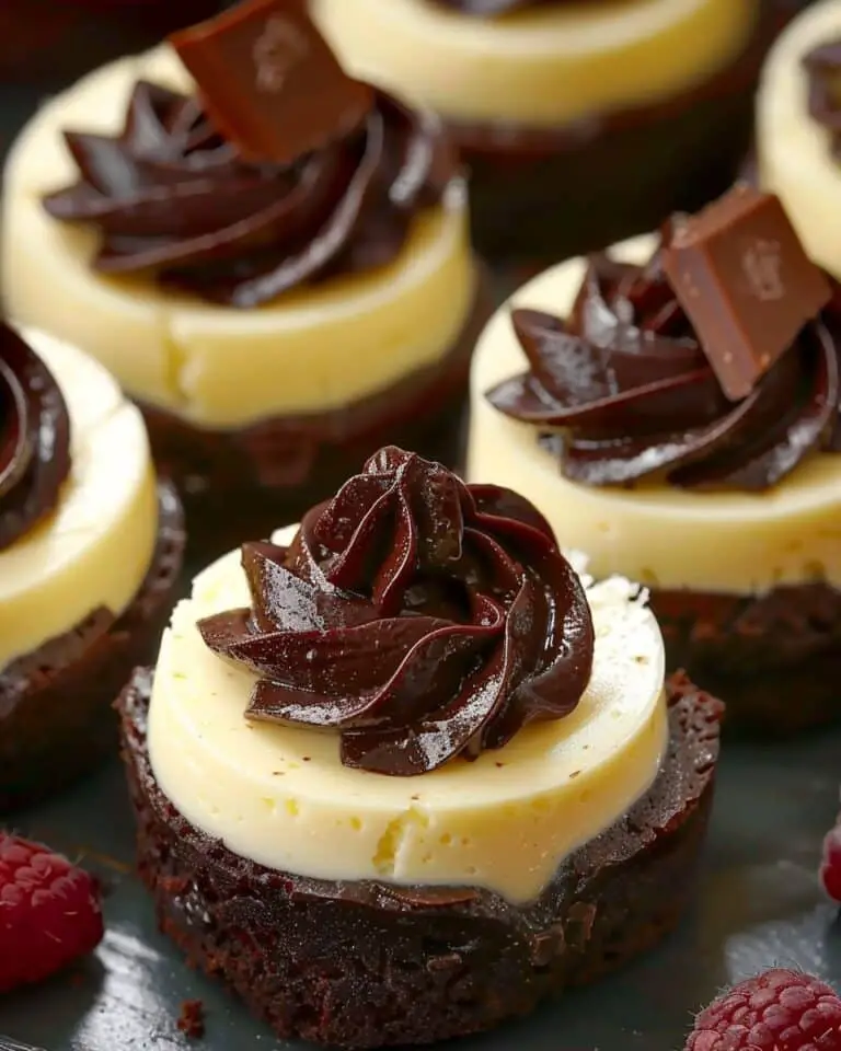 Mini Vanilla Cheesecakes with Fudgy Brownie Bases and Chocolate Marble Swirl