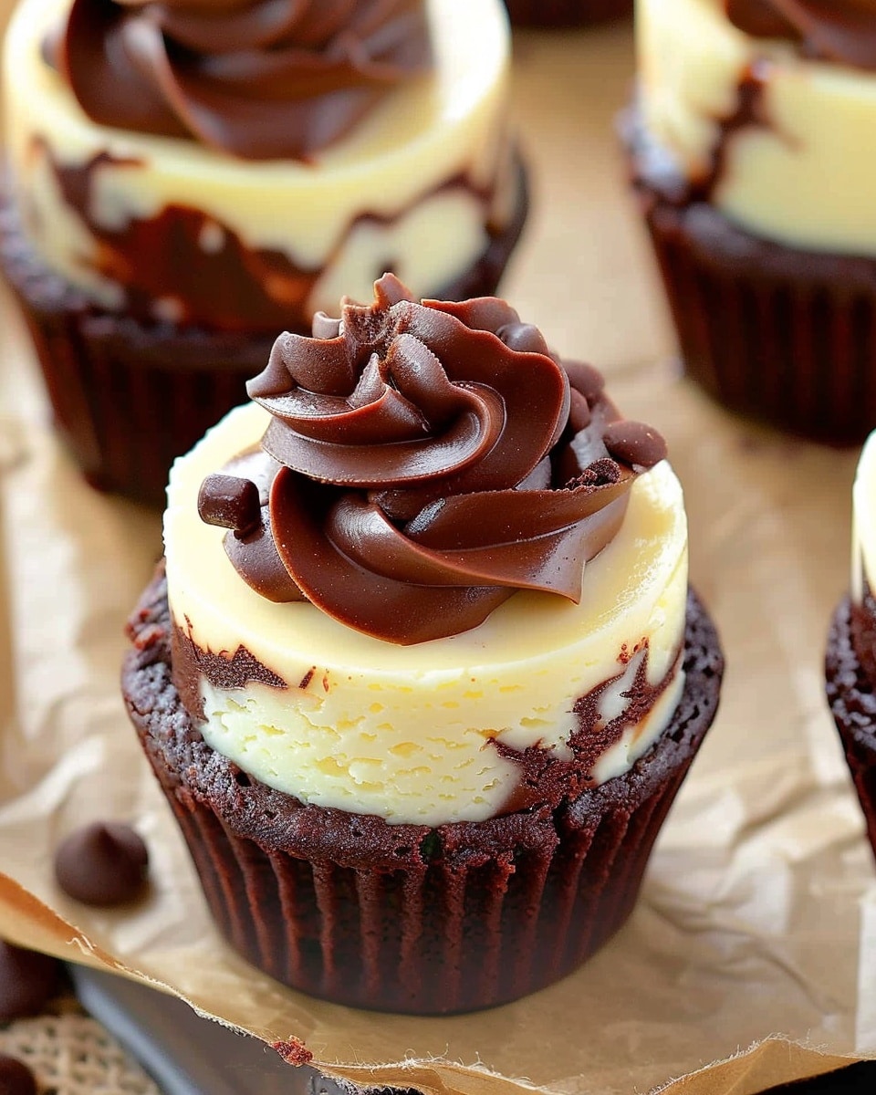 Mini Vanilla Cheesecakes with Fudgy Brownie Bases and Chocolate Marble Swirl