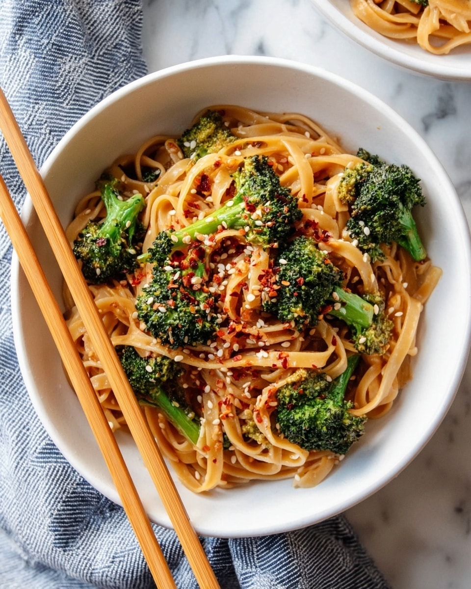A bowl of flat noodles coated in a light orange sauce with a glossy texture forms the base layer, mixed with bright green broccoli florets scattered throughout. On top, white sesame seeds and small red chili flakes are sprinkled evenly, adding texture and color contrast. Resting on the noodles are a pair of light brown wooden chopsticks intertwined with some noodles near the center-left of the bowl. The bowl is white with a speckled pattern, sitting on a white marbled surface with part of a striped gray and white cloth visible on the left side. In the background, another similar bowl with the same dish is partially visible. Photo taken with an iphone --ar 4:5 --v 7