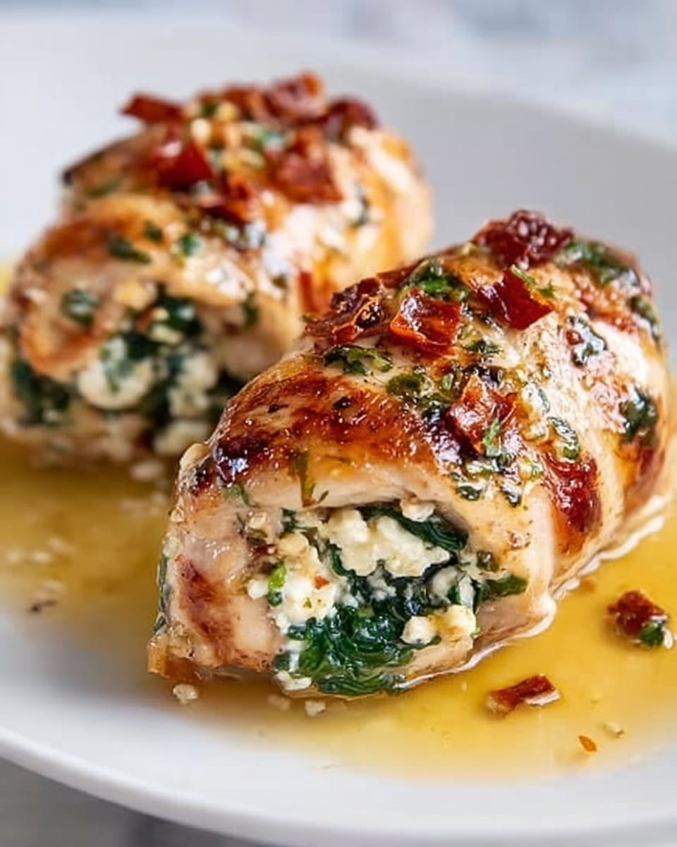 The image shows two rolled chicken pieces placed on a white plate, resting on a white marbled surface. Each roll is cut to display a neat spiral of layers inside: a light golden-brown grilled chicken outer layer, followed by a dark green spinach layer mixed with creamy white cheese, and bits of dark red sun-dried tomatoes. The chicken outside looks juicy and slightly charred with seasoning. The plate has a few drops of herb sauce adding a glossy shine around the rolls. The whole setup looks fresh and inviting. photo taken with an iphone --ar 4:5 --v 7