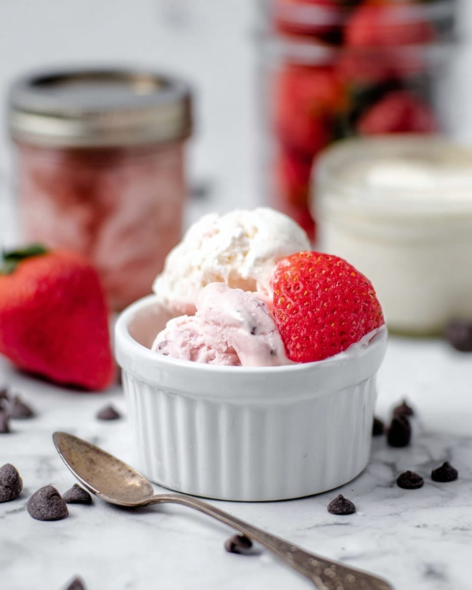 A glass jar filled with thick, smooth chocolate mousse, showing a light brown color with small darker chocolate specks mixed throughout, is held by a woman's hand. The jar has a silver metal lid tightly closed on top. In the background, two glass jars with creamy white mousse are visible on a white marbled surface, one jar showing a thin pink swirl on the white mousse. photo taken with an iphone --ar 4:5 --v 7