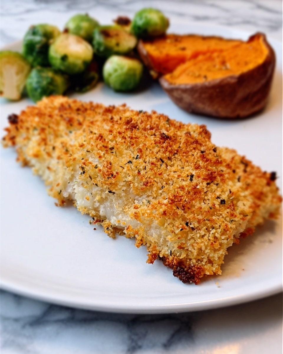 The image shows two white plates on a white marbled surface, each holding a cooked fish fillet with a golden-brown, crispy breadcrumb topping that has green herb specks mixed in. Each fillet is rectangular, placed flat on the plate, and paired with two bright yellow lemon wedges positioned near the edges of the fish. The plate in the foreground has a silver fork and knife casually placed to the right side. Nearby, a green glass cup and a crumpled light olive-green cloth lie on the white marbled surface. The overall scene is bright with soft shadows, highlighting the textures and colors of the food and dishes photo taken with an iphone --ar 4:5 --v 7