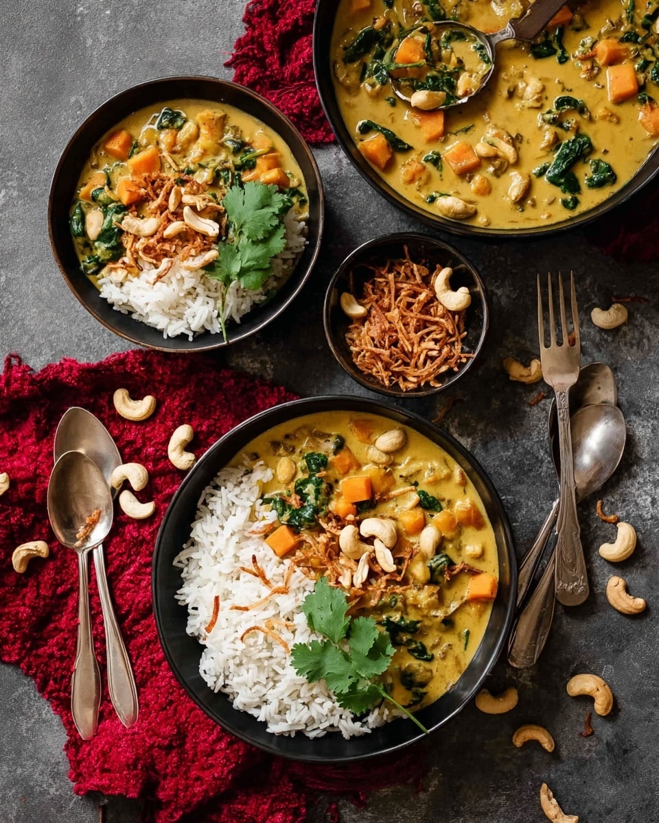 A close-up view of a thick lentil curry in a black skillet, filled with small green lentils and orange cubed vegetables in a creamy orange-yellow sauce. Bright green fresh herbs with rounded leaves are on the left side, adding contrast. A wooden spoon is scooping some of the curry from the skillet showing the texture of the sauce mixed with lentils and herbs. The sauce looks smooth but with visible bits of lentils and vegetables throughout. The background has a white marbled texture. photo taken with an iphone --ar 4:5 --v 7