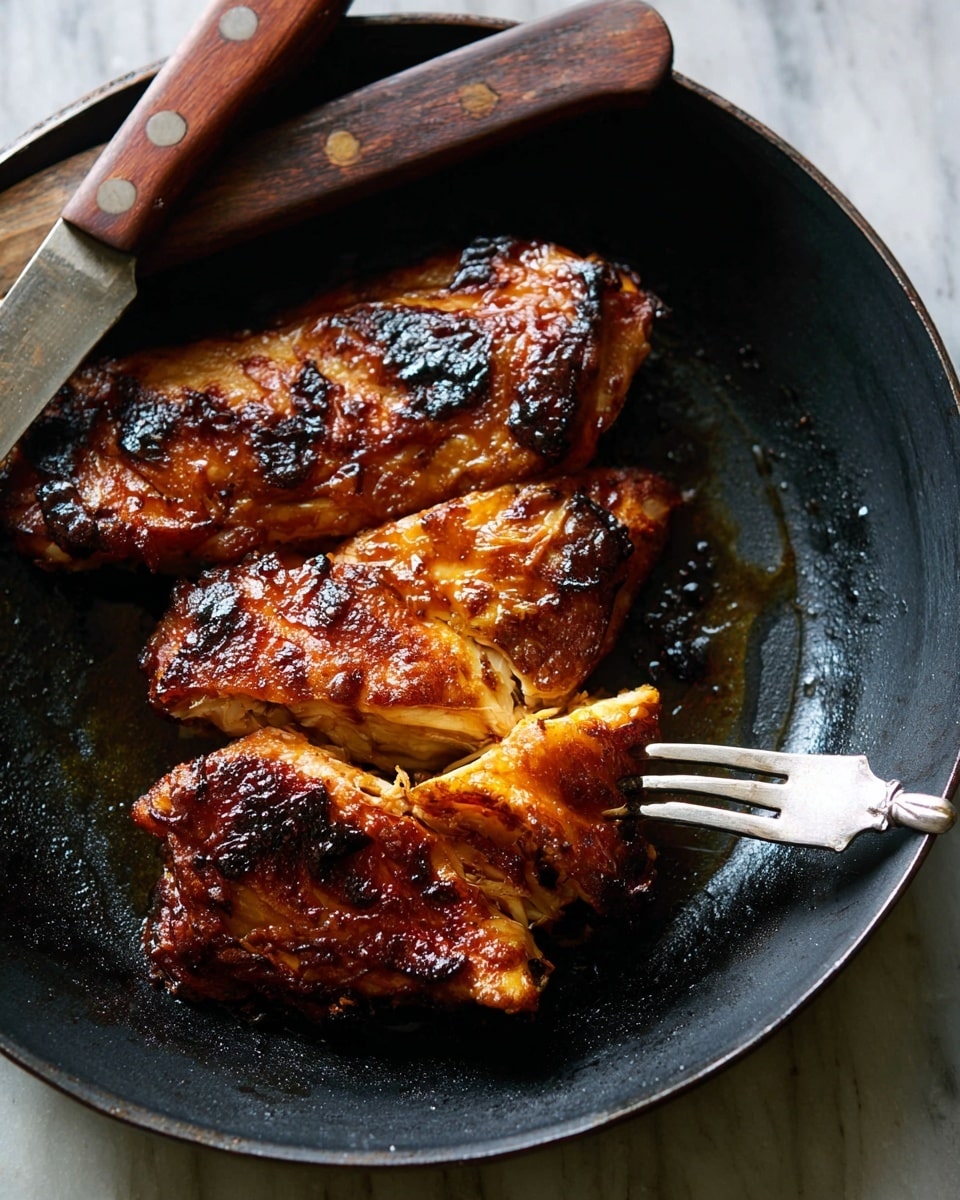 A black pan holds three pieces of dark brown roasted chicken with a crispy skin and juicy inside, arranged in a row with the largest piece at the back and smaller pieces in front, glistening with oil. A knife with a wooden handle rests diagonally at the top left edge of the pan, and a silver fork is piercing the largest piece of chicken on the right side. The pan sits on a white marbled surface. Photo taken with an iphone --ar 4:5 --v 7