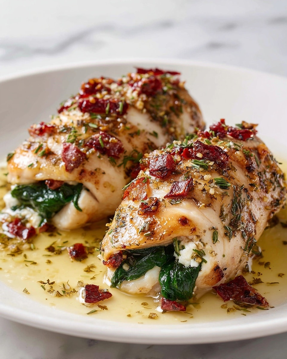 The image shows a white plate holding four pieces of cooked chicken. Each piece is sliced open to reveal green spinach leaves placed inside. The chicken is browned with a slightly crispy texture on the outside. The plate sits on a white marbled surface, and the colors mainly include the light golden brown of the chicken and the bright green of the spinach inside. photo taken with an iphone --ar 4:5 --v 7