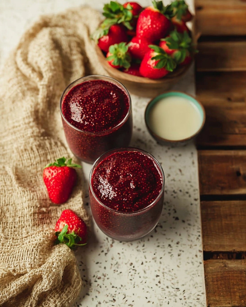Two glasses filled with thick, dark red chia seed pudding are shown from above. The pudding has a textured surface with visible chia seeds and small chunks, creating a rich and dense layer that fills each glass to the top. The glasses sit on a rustic wooden table beside a loosely folded beige woven cloth. Around the glasses, there are fresh strawberries with bright red color and green leaves, along with a small white bowl containing a cream-colored liquid. The whole scene is set on a white marbled surface. photo taken with an iphone --ar 4:5 --v 7