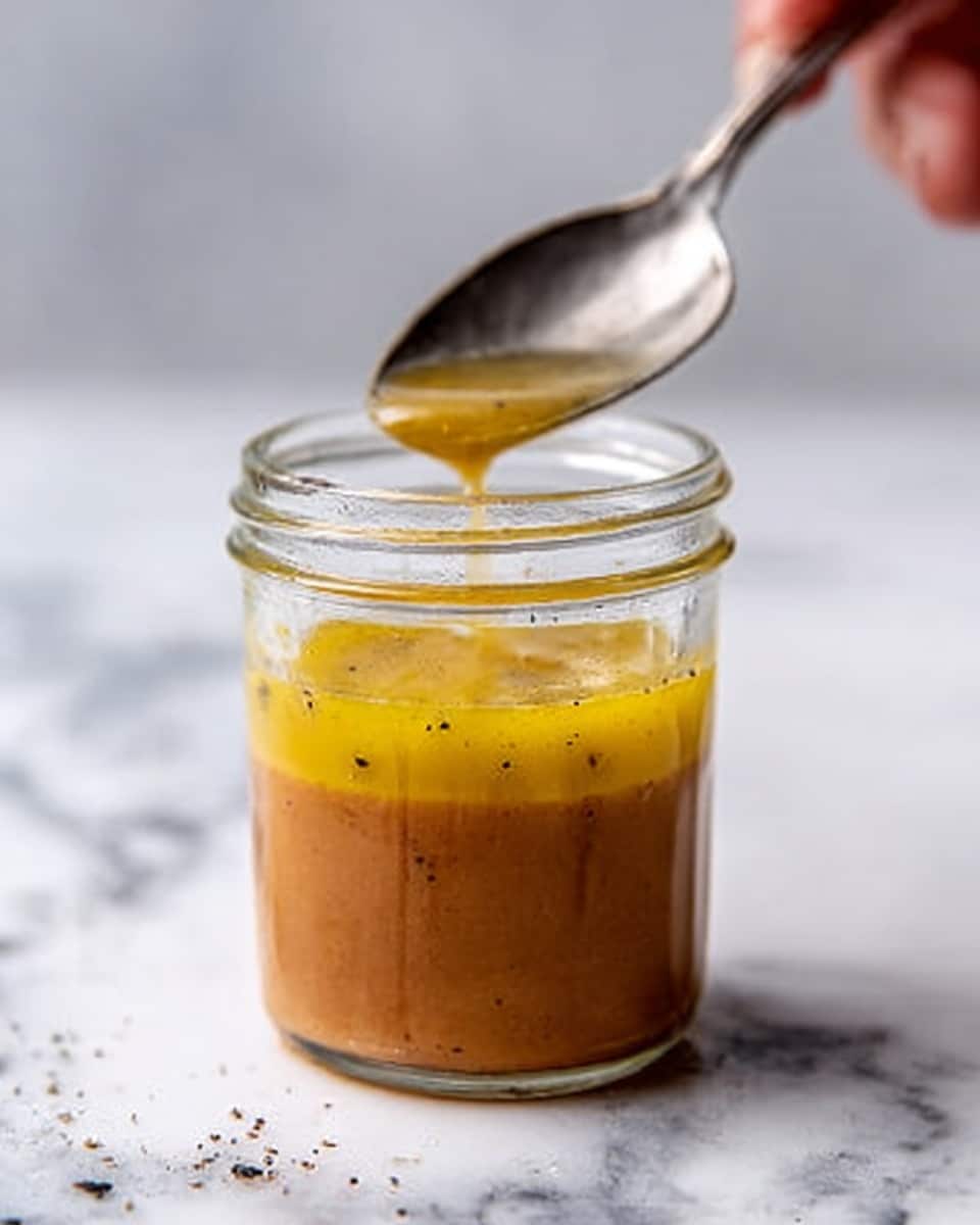 A clear glass jar with two layers of liquid sauce inside sits on a white marble surface. The bottom layer is thick and orange-brown, smooth in texture. The top layer is a thinner, shiny yellow with black pepper specks scattered throughout. From above, a silver spoon held by a woman's hand is stirring the top layer, causing slight ripples and steam rising gently into the air. The background is softly blurred with a white marble texture. photo taken with an iphone --ar 4:5 --v 7