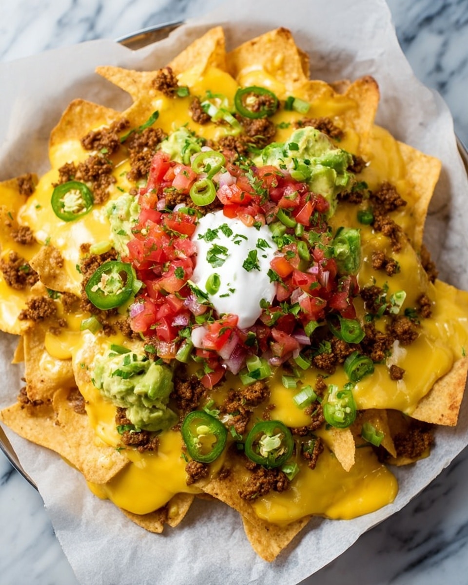 A white plate with a green line around the edge holds a dish of nachos arranged in one layer. The nachos are golden yellow and crispy. On top, there are small chunks of brown cooked chicken spread evenly. Bright green mashed avocado is placed in dollops across the nachos. Small red pieces of diced tomato or pepper add color on top. White sour cream is drizzled in thin lines over everything. The plate sits on a white marbled surface. Photo taken with an iphone --ar 4:5 --v 7