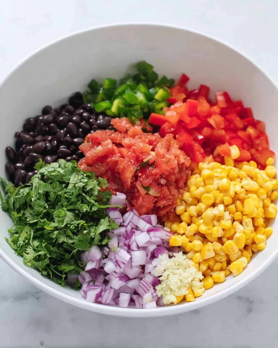 A white bowl holds six separate piles of fresh ingredients arranged in a circular pattern. Starting from the top left, there are small black beans, followed by finely diced bright red bell peppers, and small chopped green peppers. To the right, there is a heap of crushed red tomatoes. Below that is a pile of yellow corn kernels. In the center, there are finely diced purple onions, with bright green chopped cilantro next to them, and a small amount of minced garlic near the corn. The bowl sits on a white marbled surface. Photo taken with an iphone --ar 4:5 --v 7