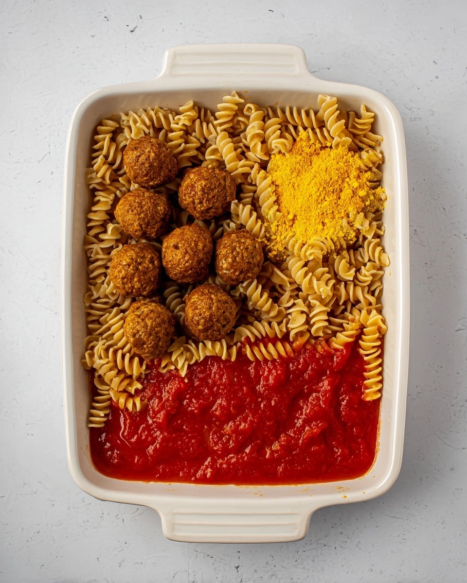 A white baking dish holds a layered meal with four clear sections: on the left, a cluster of brown, round meatballs rests atop a bed of uncooked, light brown spiral pasta; to the right of the meatballs, the same pasta is spread but topped with a small pile of bright yellow powder; the far right section is filled with red tomato sauce peeking through scattered spiral pasta pieces. The dish is placed on a white marbled surface. Photo taken with an iphone --ar 4:5 --v 7