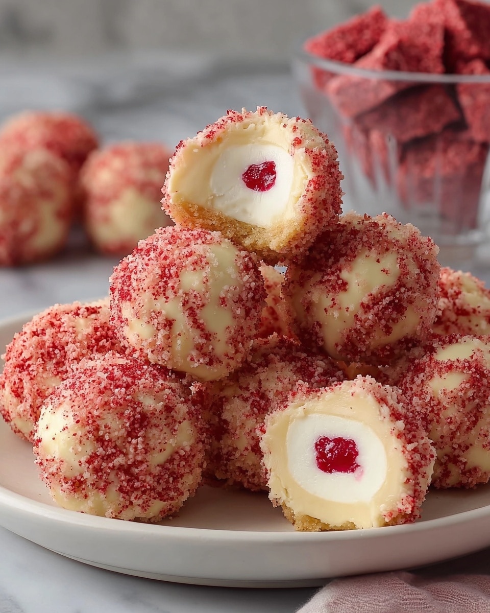 A white plate is full of round dessert balls with a crumbly red and light tan coating on the outside. One ball is broken open on top, showing three layers: the outer crumb layer, a smooth off-white creamy middle layer, and a small center of bright red filling. The dessert balls are set on a white marbled surface, with a blurred glass bowl filled with more crumbly red pieces in the background. photo taken with an iphone --ar 4:5 --v 7