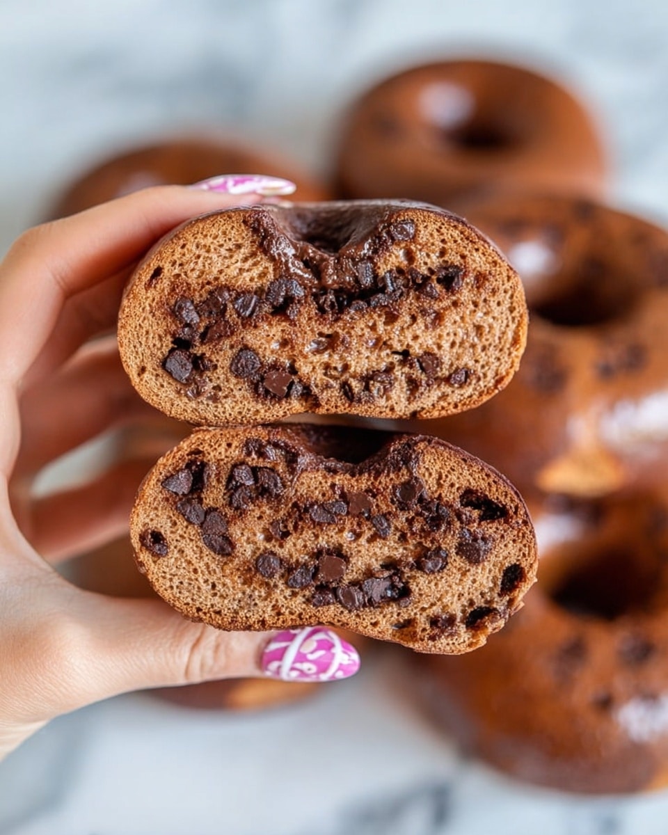 A woman's hand holds a clear small jar filled with a thick, dark brown mixture that looks like chocolate mousse or pudding, with visible small air holes and a slightly rough texture. The background shows a blurred kitchen with soft, natural lighting. The woman's fingernails are painted in black and white nail art, and she wears a rose gold watch on her wrist. photo taken with an iphone --ar 4:5 --v 7