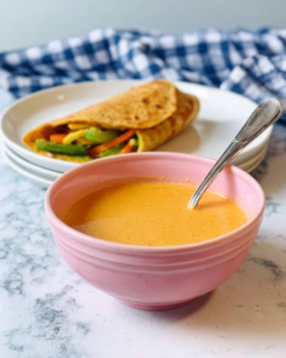 A soft pink bowl filled with smooth, light orange sauce sits in the front. Inside the bowl, a silver spoon is placed with its handle pointing out. Behind the bowl, there is a white plate holding a folded tortilla wrap filled with golden yellow and green vegetables. The scene is set on a white marbled surface, with a blue and white checkered cloth blurred in the background. The photo taken with an iphone --ar 4:5 --v 7