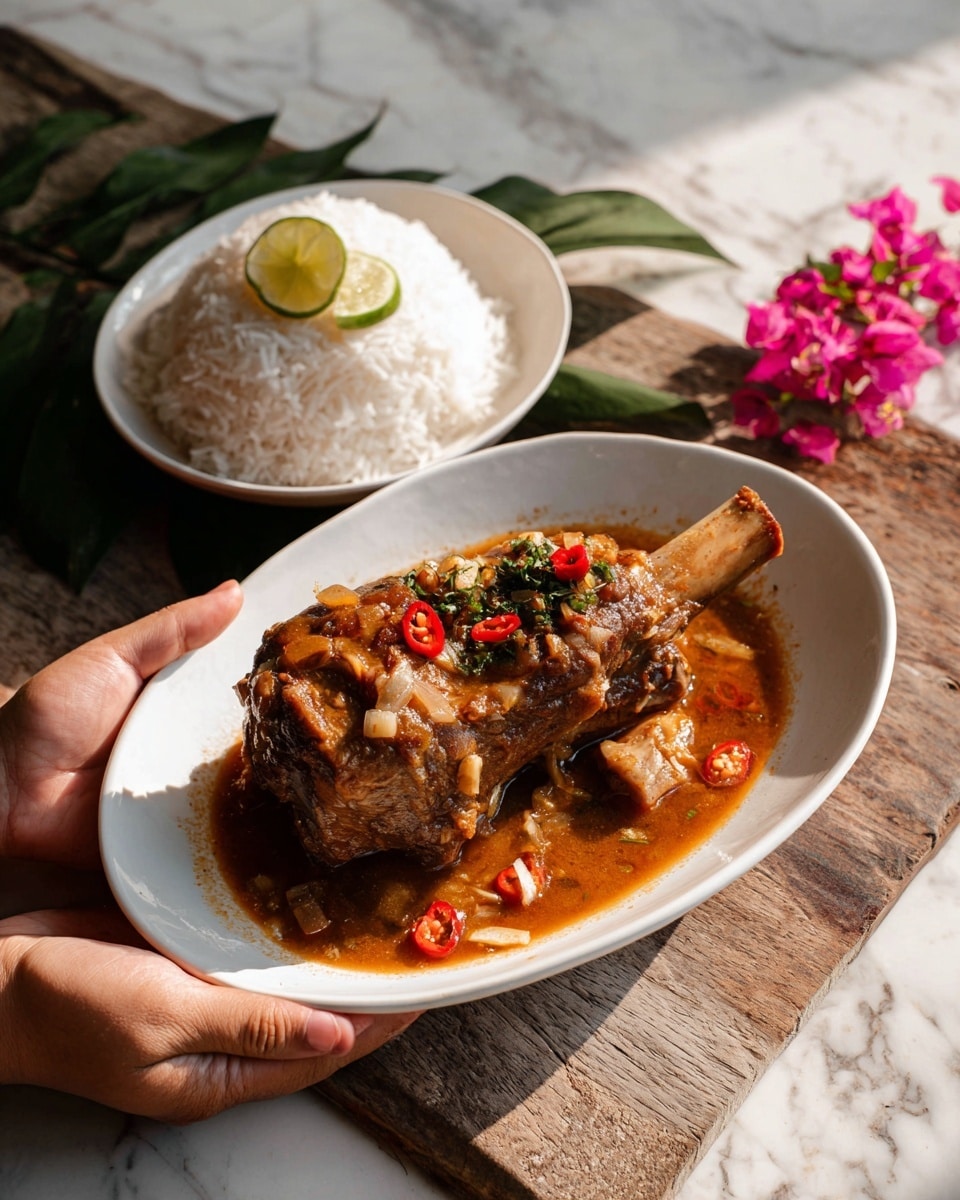 The image shows a white plate with three brown lamb shanks placed on a thin layer of brown sauce. The shanks have visible bones sticking out, and the meat looks tender and cooked. Small green parsley leaves are scattered on top and around the meat, adding a touch of color. There are also a few small round light brown potatoes mixed with the sauce. The plate rests on a white marbled surface. photo taken with an iphone --ar 4:5 --v 7