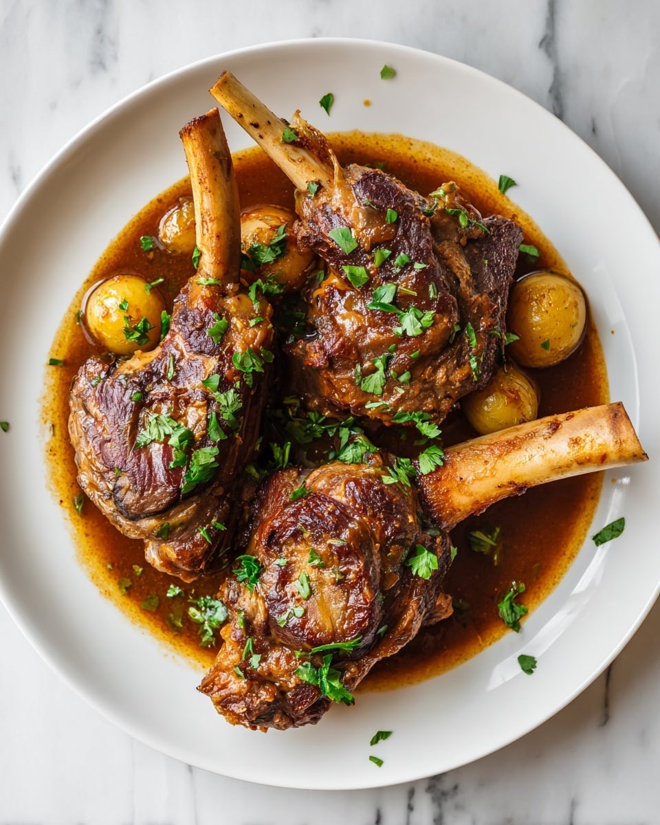 The image shows a white oval plate with a rich, brown cooked lamb shank in the center, covered in a thick sauce with visible small pieces of vegetables like onions and red chili slices around it. The shank bone sticks up from the meat. Behind the plate is a small white bowl filled with fluffy white rice topped with a slice of lime, placed on a wooden surface but changed here to a white marbled texture. A woman's hand is holding the plate from the left side. There are some green leaves and a pink flower next to the bowl adding color to the scene. The lighting is warm and natural. photo taken with an iphone --ar 4:5 --v 7