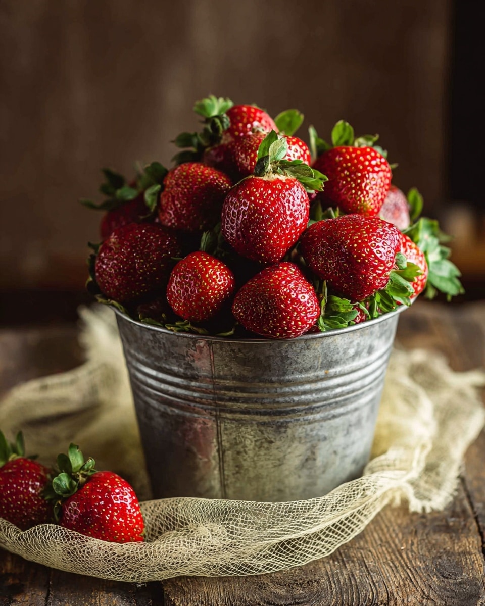 A rustic metal bucket is filled to the top with fresh, bright red strawberries that have rich green leafy tops. The strawberries are shiny with a textured surface, tightly packed together, and create a vibrant contrast against the weathered look of the bucket. The bucket sits on a piece of light beige mesh fabric placed on a wooden surface that is set against a blurred dark brown background. The overall feel is natural and earthy, with a strong focus on the ripe strawberries in the center. photo taken with an iphone --ar 4:5 --v 7