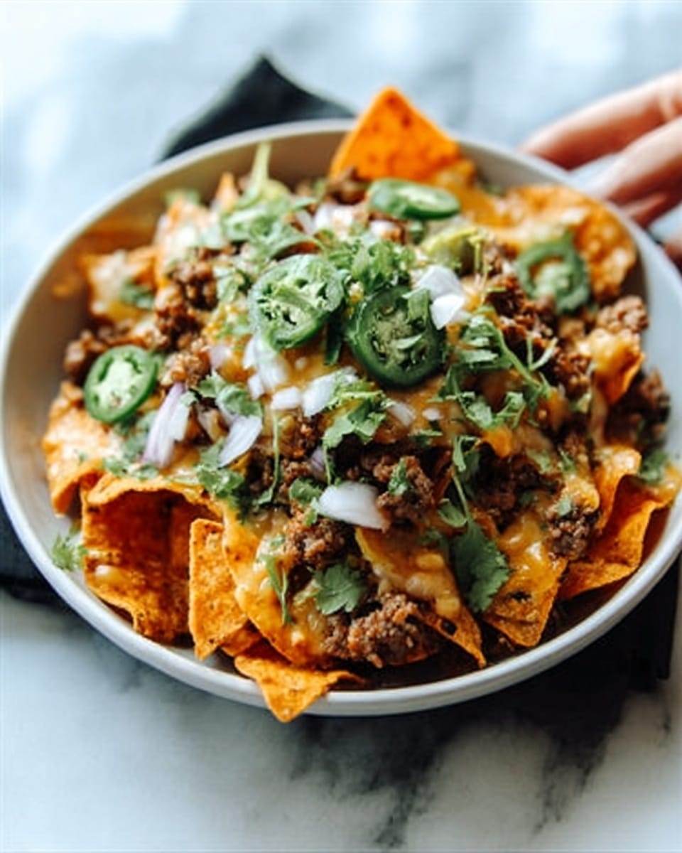 The image shows a white bowl filled with layers of food on a white marbled surface. At the bottom, there are orange, crispy tortilla chips. On top of the chips is a layer of brown cooked ground meat mixed with small bits of green jalapeños. Scattered over the meat are white slices of onion and green fresh cilantro leaves. There are also some melted cheese pieces visible around the edges. A woman's hand is reaching for the bowl from the right side. photo taken with an iphone --ar 4:5 --v 7