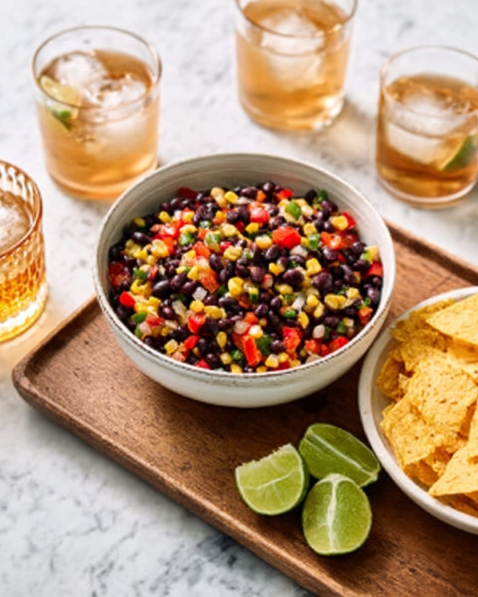 A white bowl filled with a colorful mix of black beans, corn, and small pieces of red and green bell peppers, all sitting on a wooden board. Next to the bowl are two lime wedges and some yellowish tortilla chips placed in a white bowl. Three glasses with light brown drinks and ice sit behind the bowls. The surface beneath everything is a white marbled texture photo taken with an iphone --ar 4:5 --v 7
