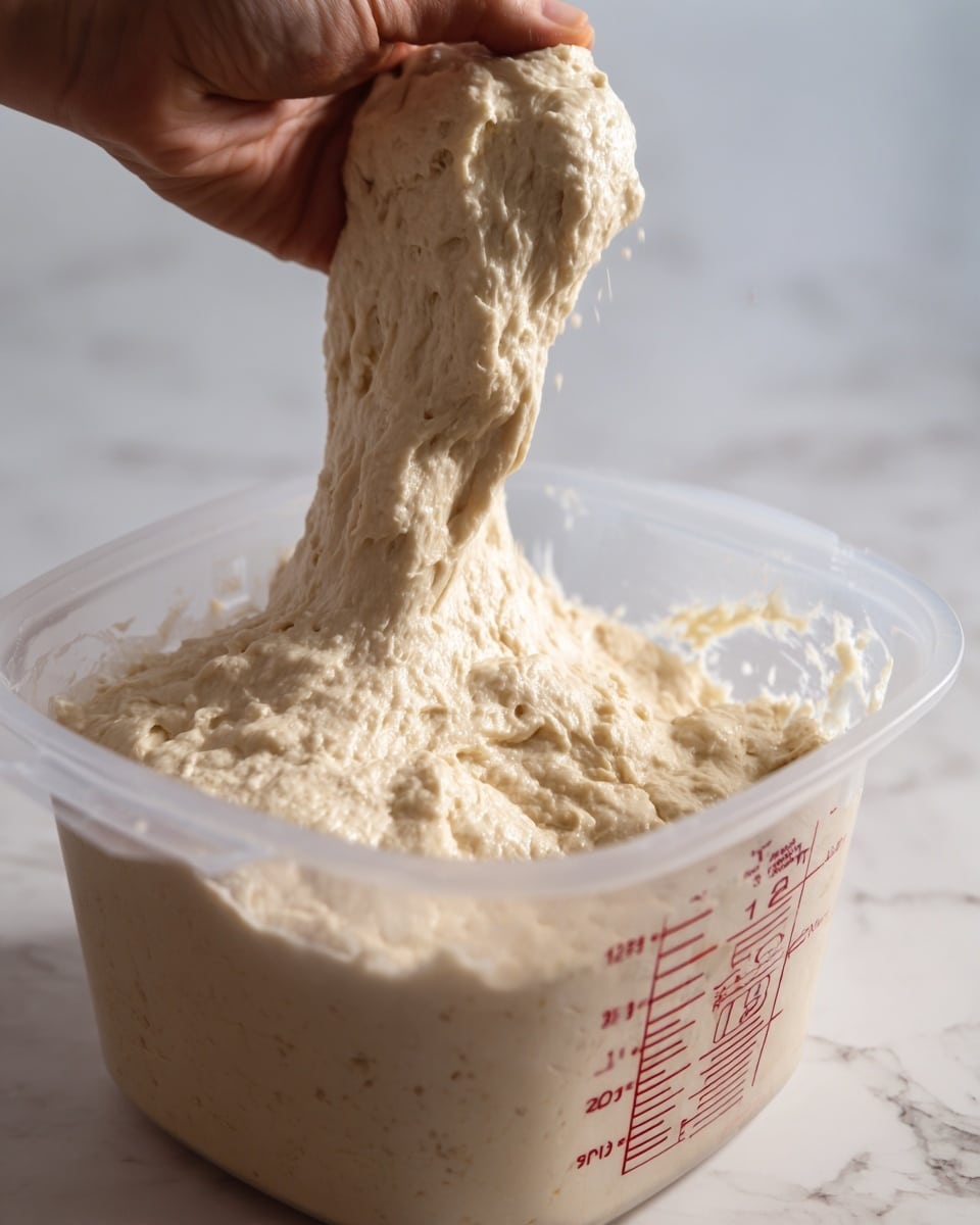 A transparent plastic container filled with light beige dough that has a rough, bubbly texture and looks soft and stretchy. A woman's hand is lifting and stretching the dough upwards, showing its elasticity. The container has red measurement marks on the side, indicating volume from 1L to 2L. The container is placed on a surface with a white marbled texture. The background is light and blurry, keeping the focus on the dough and container. photo taken with an iphone --ar 4:5 --v 7