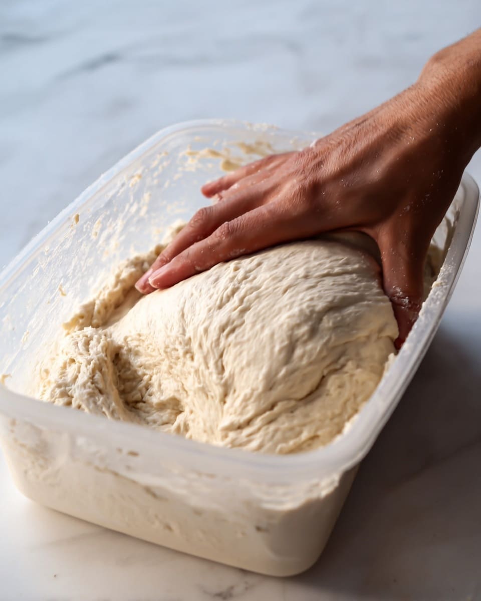 A close-up shot shows a clear plastic container filled with light beige, sticky dough that has a smooth but slightly bumpy texture. A woman's hand is gently pressing and folding the dough, causing soft, stretched layers to form, showing its elasticity and softness. The scene is set on a white marbled surface, and the lighting highlights the creamy color and moist look of the dough. photo taken with an iphone --ar 4:5 --v 7