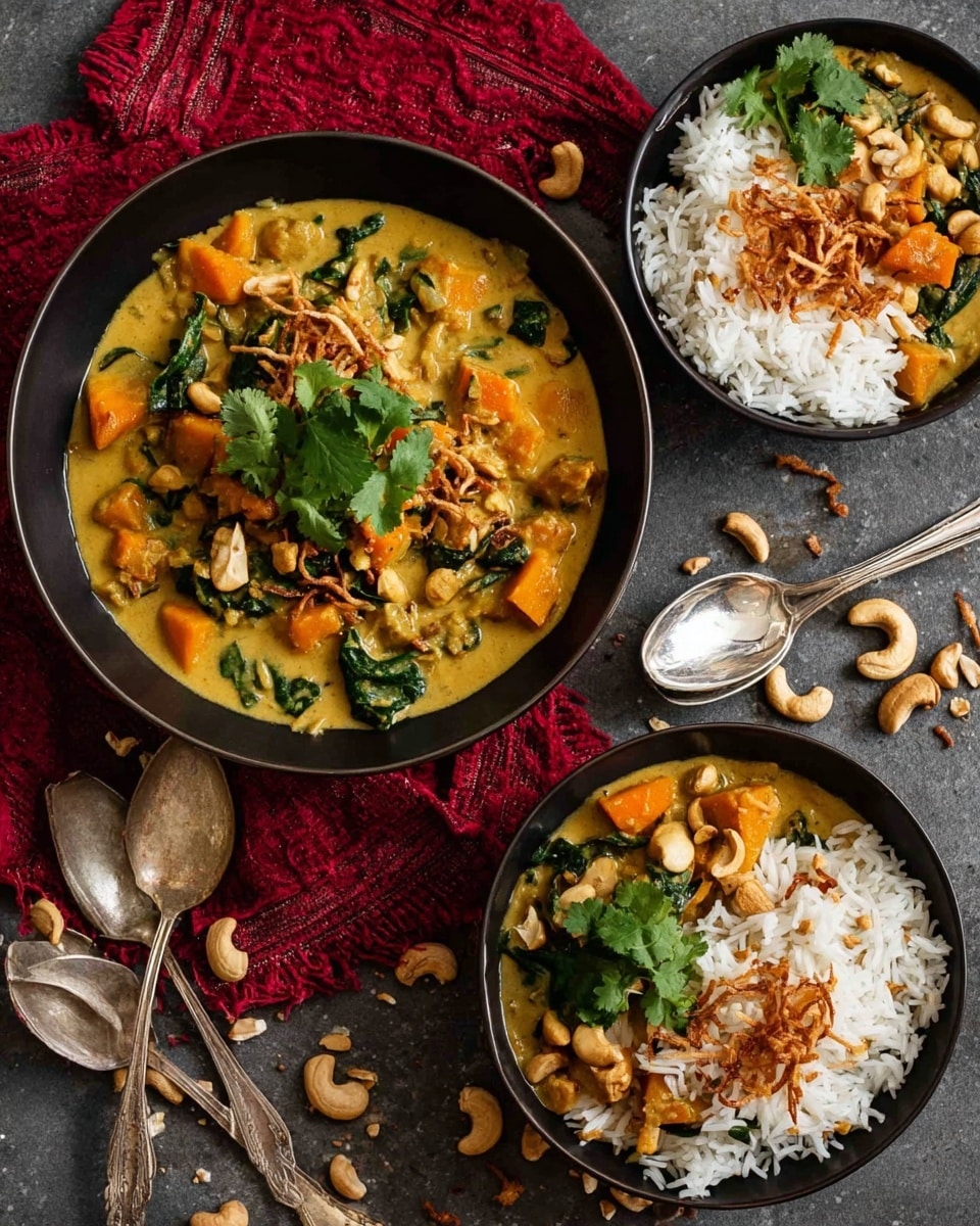 A close-up of a thick stew in a black pan on a white marbled surface, filled with layers of orange-yellow creamy sauce mixed with small green lentils, chunks of light orange vegetables, whole cashew nuts, and spinach leaves. Some fresh green cilantro leaves rest on the side, adding a fresh touch. A wooden spoon dips into the stew from the right, showing the creamy texture mixed with the different ingredients, all visible in warm, rich colors. photo taken with an iphone --ar 4:5 --v 7