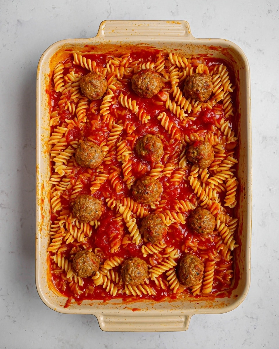 The image shows a beige baking dish filled with a one-layer meal of rotini pasta and meatballs in a thick red tomato sauce. The pasta is light brown, visible swirling all over the dish. There are around ten brown meatballs spread evenly among the pasta, resting on the bright red sauce that fills the bottom of the dish. The edges of the baking dish have some sauce stains. The dish is on a white marbled surface. photo taken with an iphone --ar 4:5 --v 7