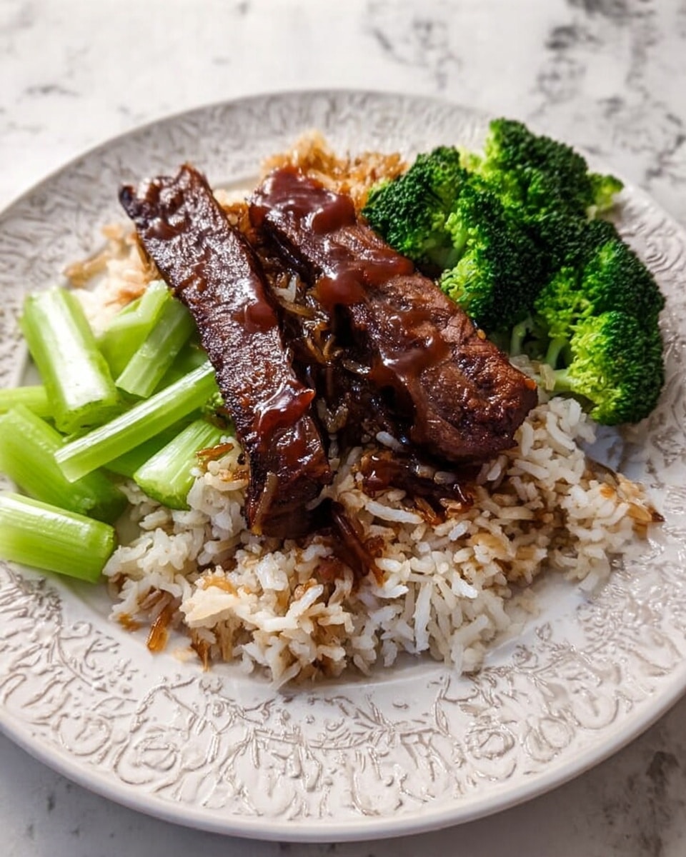 The image shows a white plate with a decorative rim, placed on a white marbled surface. On the plate, there is a base layer of cooked white rice mixed slightly with a brown sauce, giving some grains a darker color and shiny texture. On top of the rice sit two long, thin pieces of dark grilled meat with a glaze of a rich brown sauce drizzled over them. To one side of the plate, there are bright green steamed broccoli florets and pale green sliced celery, adding a fresh color contrast to the dish. The food looks arranged simply but neatly, with the meat centered and vegetables grouped beside the rice photo taken with an iphone --ar 4:5 --v 7