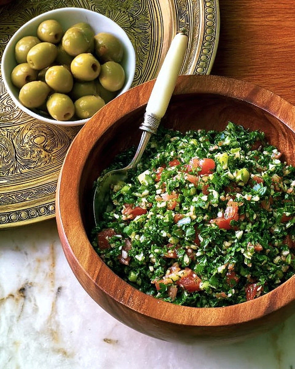 A wooden bowl filled with a salad made of finely chopped green herbs and vegetables with red tomato pieces and small grains spread evenly throughout. A silver spoon with a white handle rests inside the bowl. Nearby, a white bowl holds green olives, placed on a detailed brass tray with floral patterns. The background surface is a white marbled texture. Photo taken with an iphone --ar 4:5 --v 7