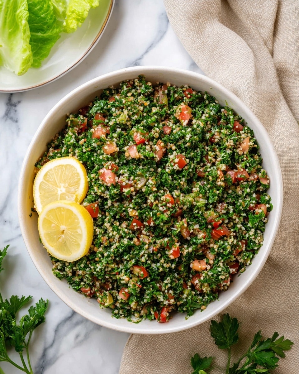 A white bowl filled with finely chopped green parsley mixed with small pieces of light brown bulgur wheat and tiny red tomato cubes spread evenly throughout. On one side of the bowl, there are two thin lemon slices resting on top of the salad. The bowl sits on a white marbled surface with a beige cloth partially visible on the right side and some green parsley sprigs on the lower right corner, as well as green lettuce leaves on a white plate on the left side. Photo taken with an iphone --ar 4:5 --v 7